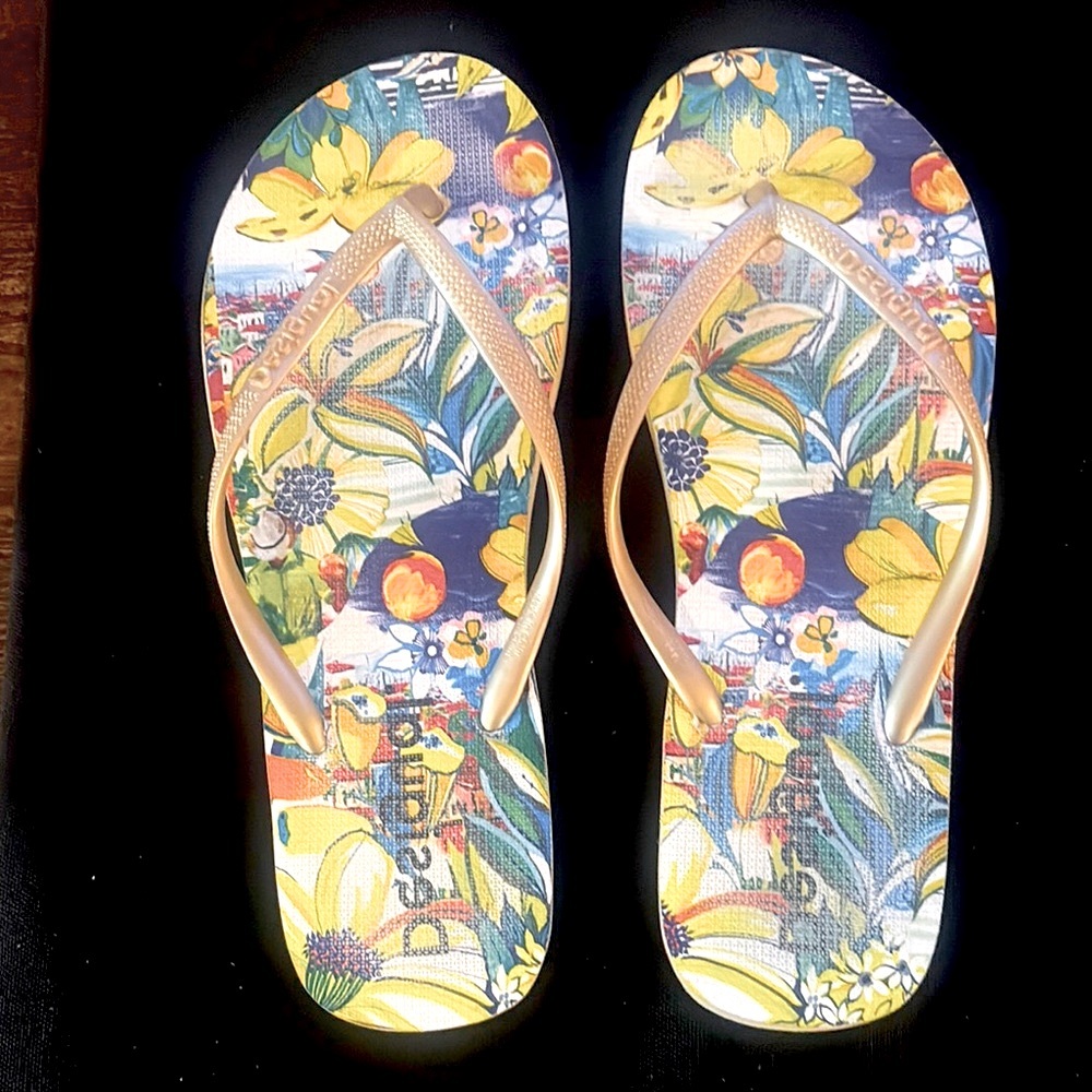 Desigual Colorful Floral Flip Flops with Gold Straps Size - 40/41 (Eu)